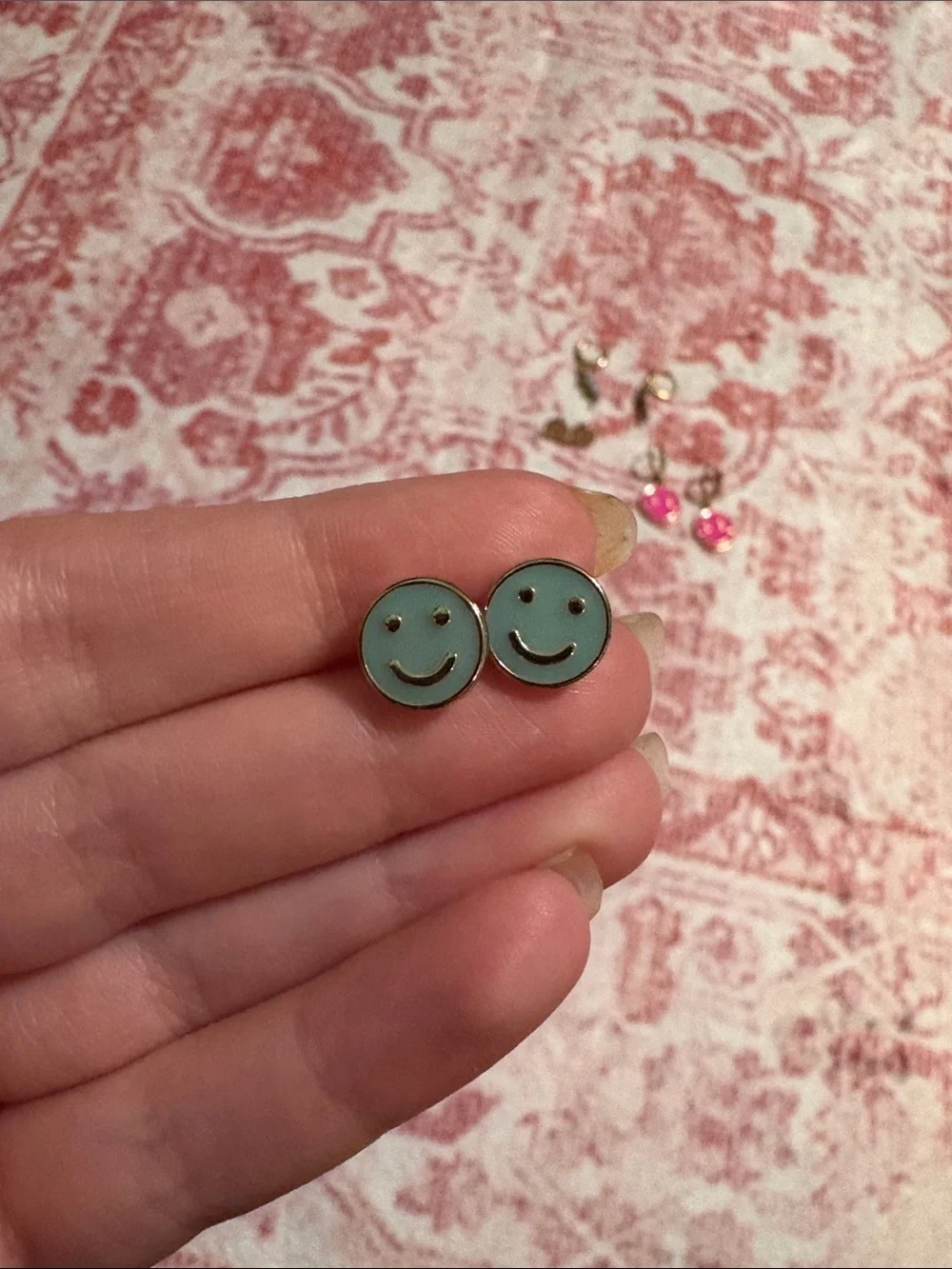 Kids Gold Hoop Earrings with Pink Smiley & Blue Lightning Charms Costume Jewelry